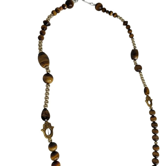 Tiger Eye Hamsa Hand Cabochons Statement Handmade Necklace - Picture 3 of 5